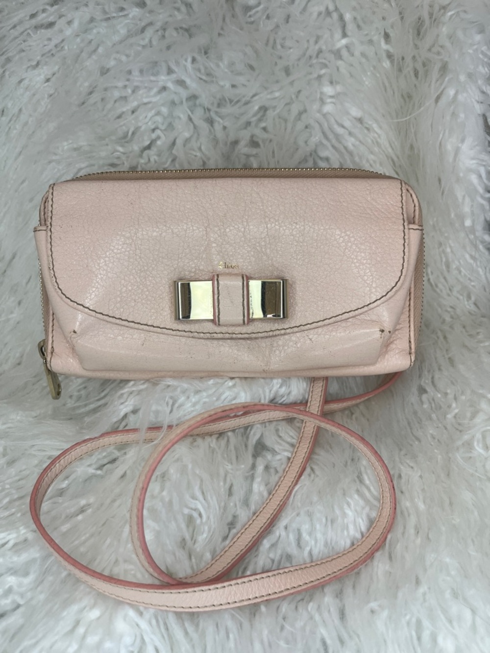 Chloe Pale Pink Crossbody Bag with Gold Bow Accent